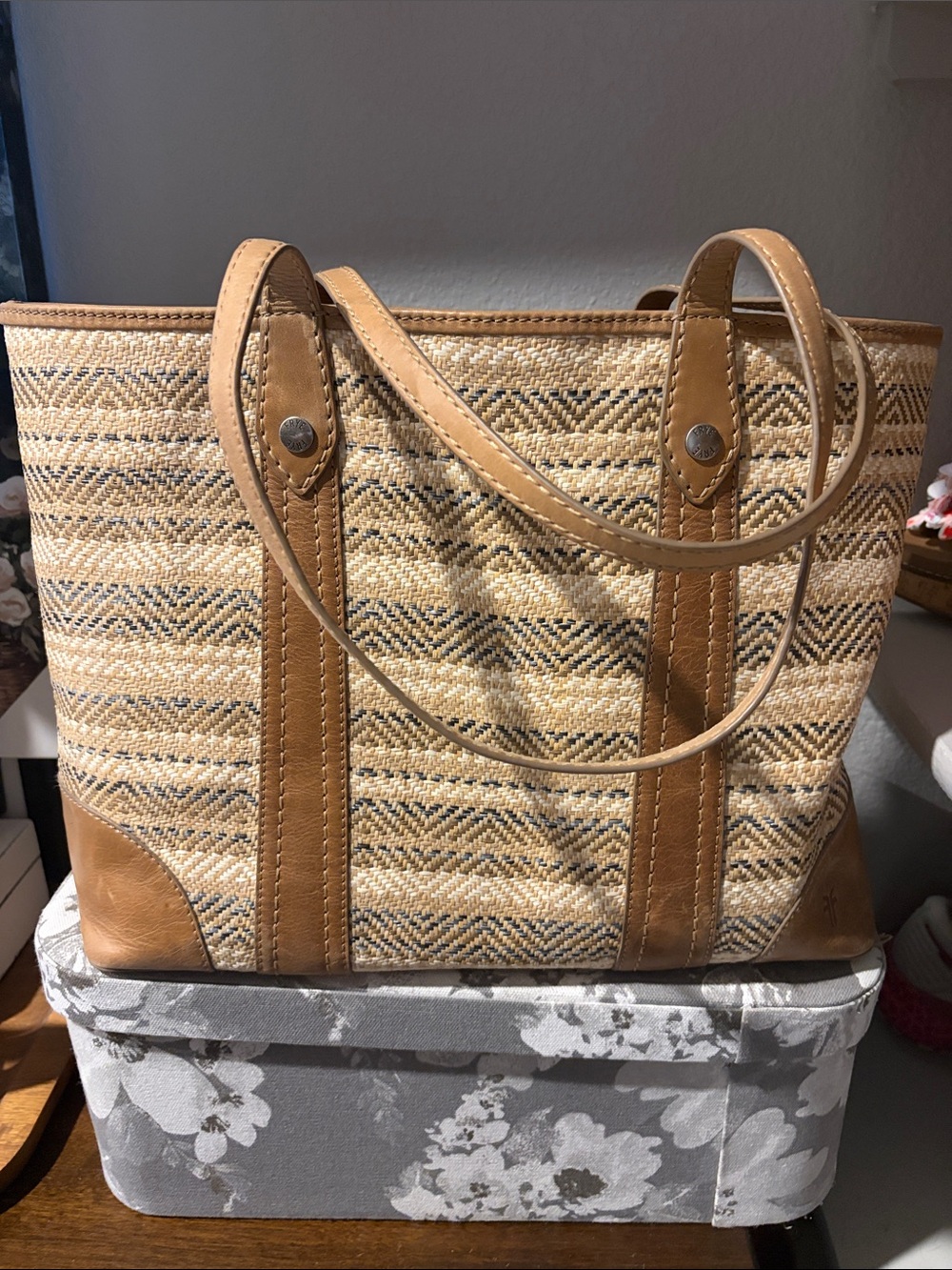 Frye Melissa Tan Straw-Textured Tote Bag with Leather Trim